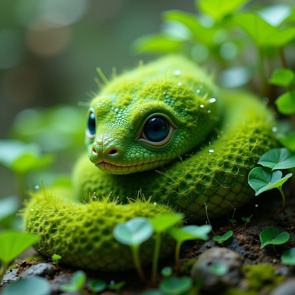 Moss Scaled Baby Snake in Whimsical Style