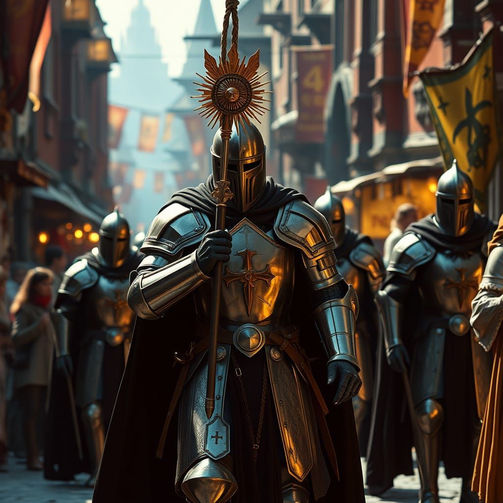 Medieval City Marketplace with Paladins and Sun Monstrance