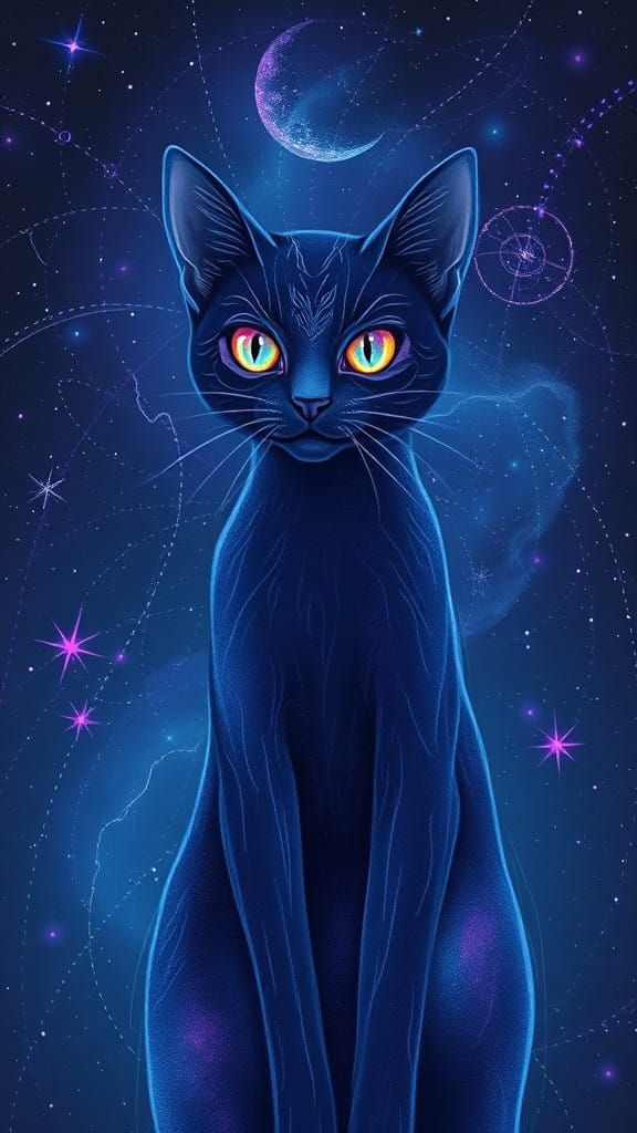 Celestial Feline in Midnight Blue and Purple Hues