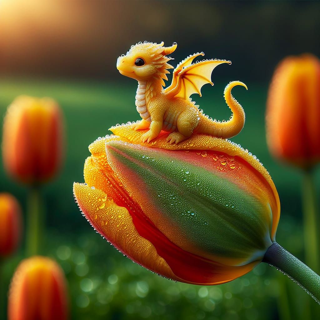 Miniature Golden Dragon on Orange Tulip