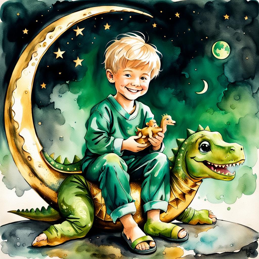 Boy on Moon with Dinosaur in Ink Painting Style