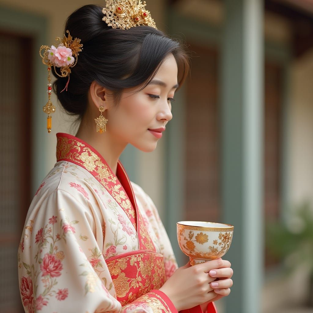 European Woman in Hanfu Dress Performing Tea Ceremony
