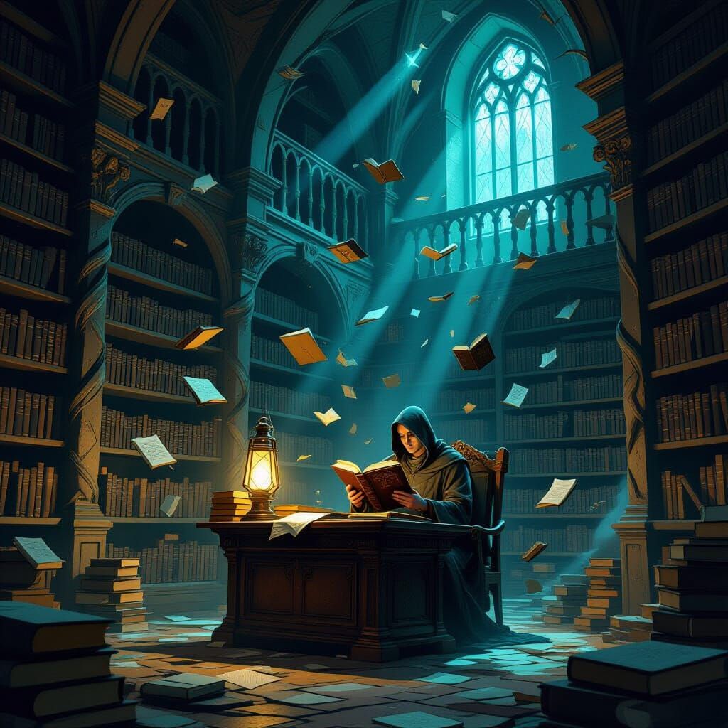 Ethereal Library with Floating Books and Spectral Scholar