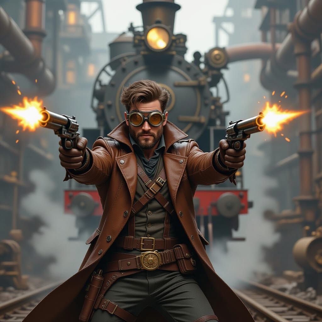 Steampunk Rogue Gunslinger in Industrial Cityscape