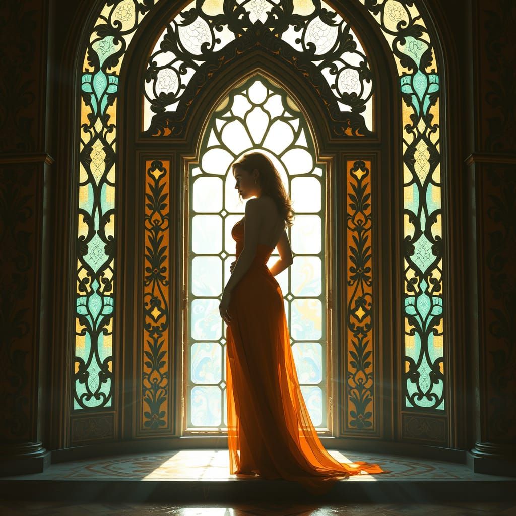 Ornate Window Silhouette in Vibrant Triadic Colors