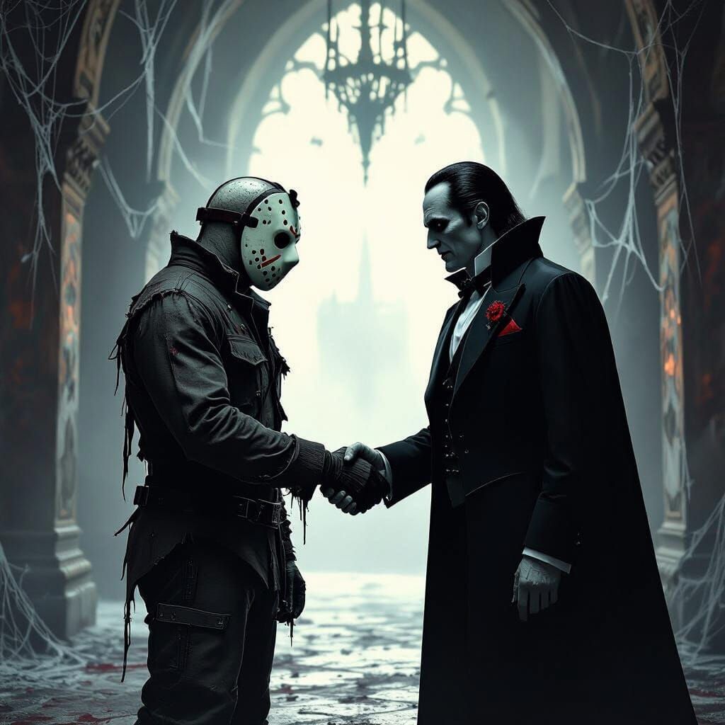 Jason Voorhees and Dracula Shake Hands in Castle Hall