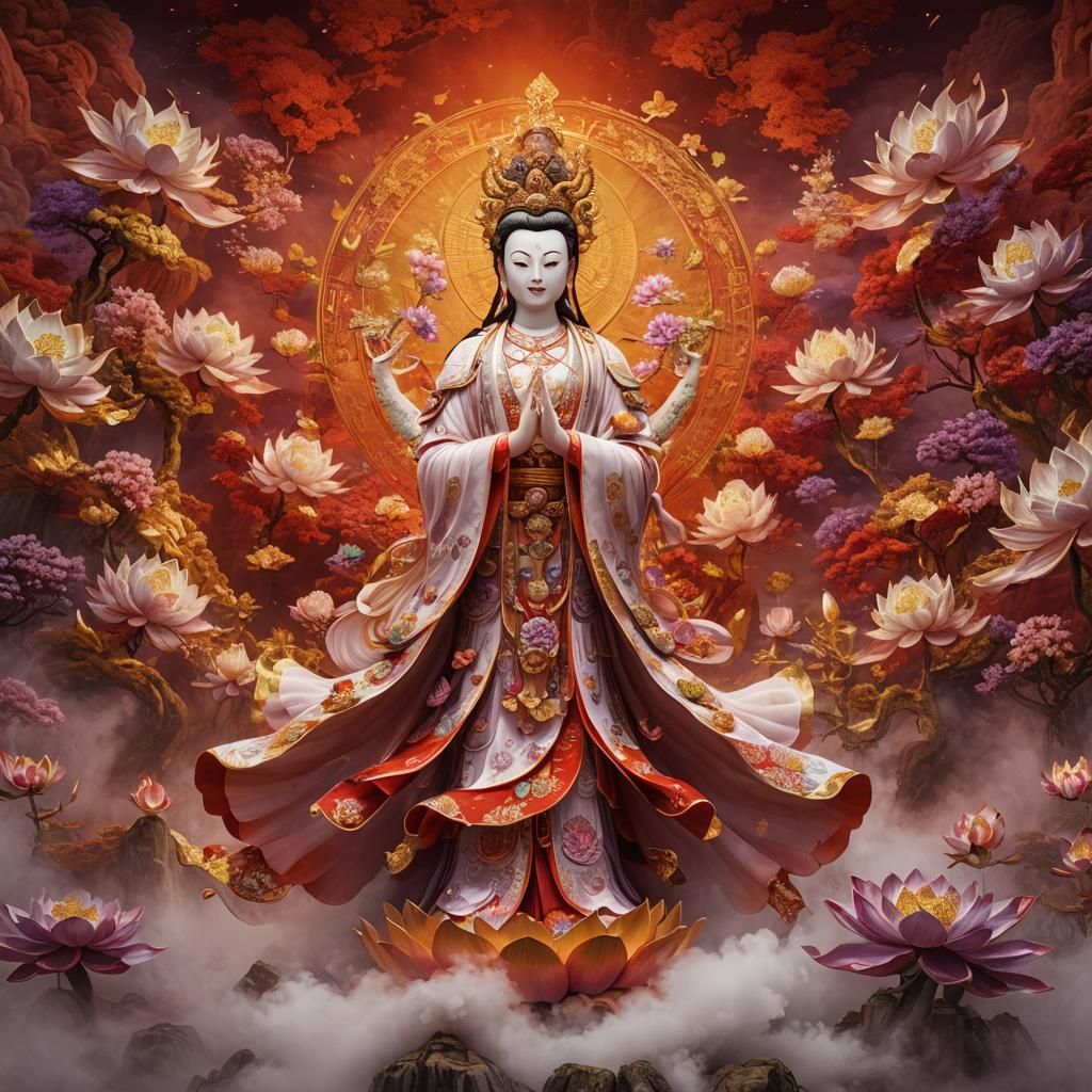 Guan Yin Bodhisattva on Lotus Flower in Cinematic Style