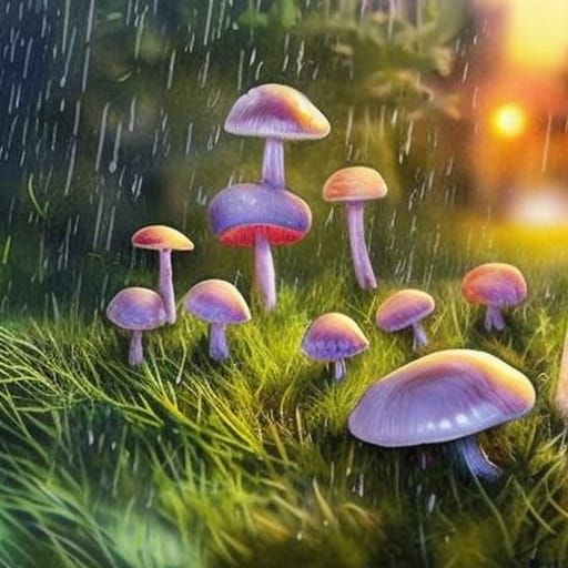 Hyperrealistic Mushrooms after Rain with Dew