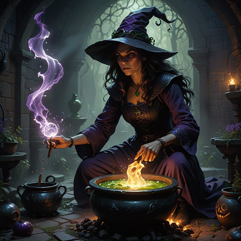 Dark Fantasy Witch Brewing Cauldron with Eerie Glow