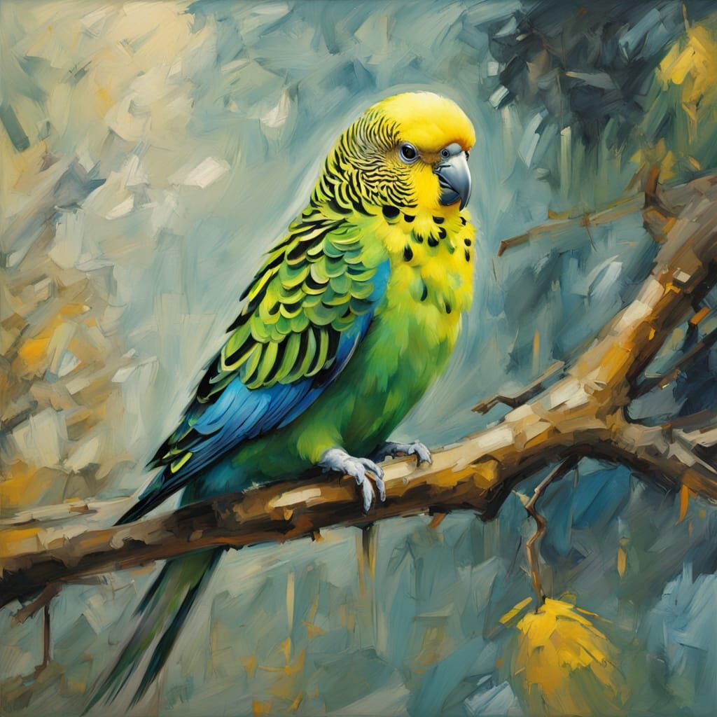 Budgie in Foggy Garden: Gouache Style Impressionist Painting