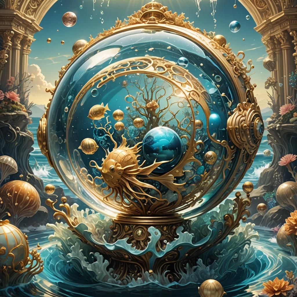 Faberge Bathysphere in Bioluminescent Water, Fantasy Art