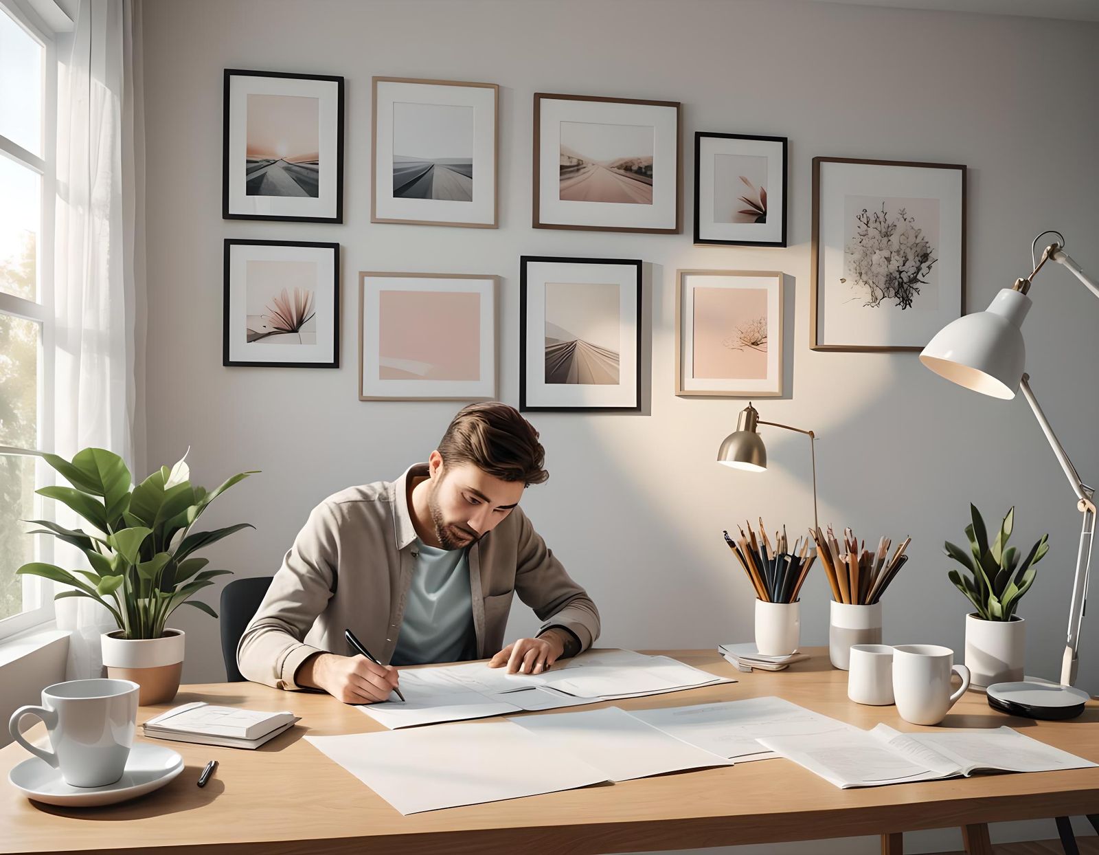 Minimalist Home Workplace Interior with Mockup, 3D Render