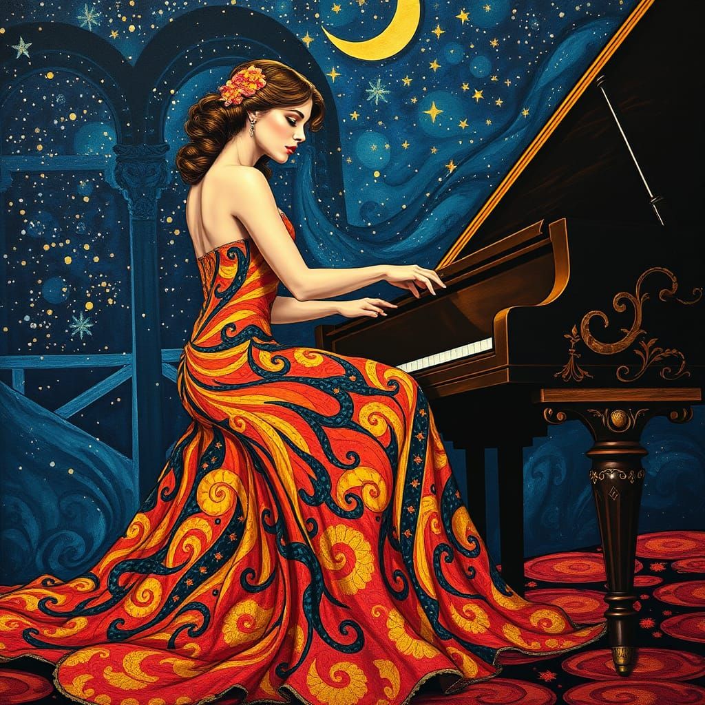 Woman at Piano Under Starry Sky, in Klimt Style