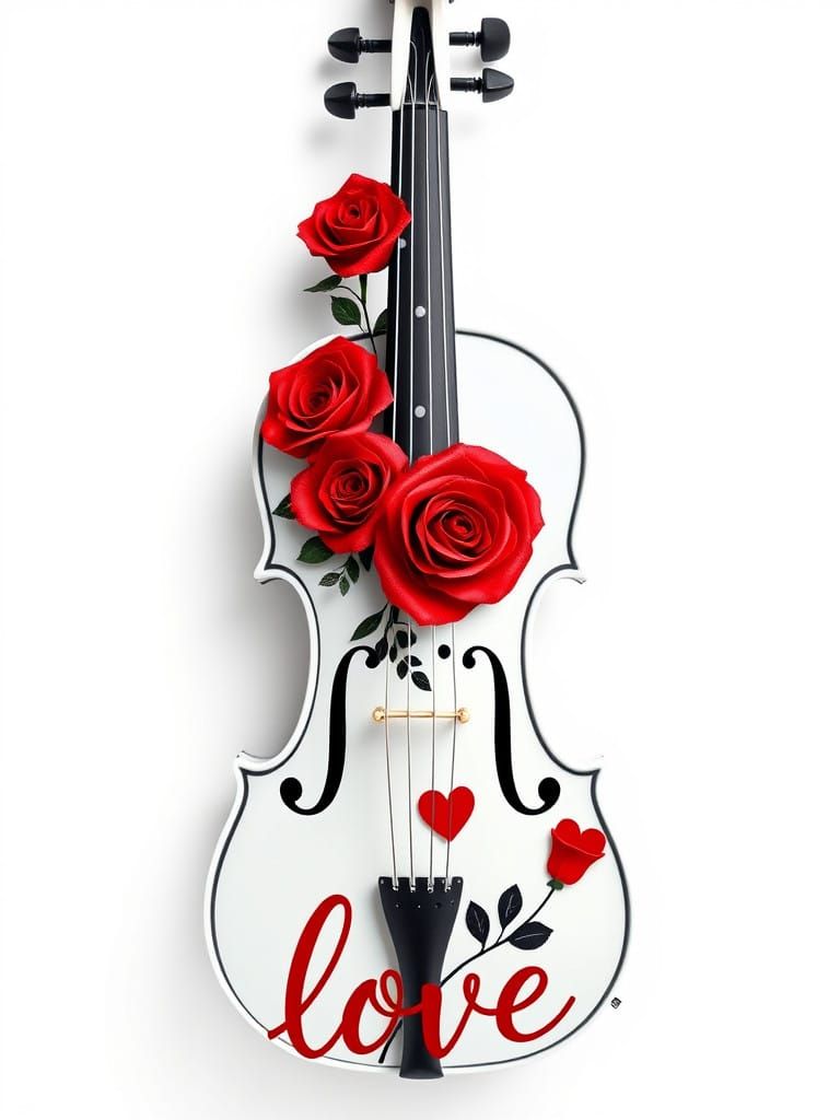 Stylized Violin with Red Roses and Polka Dots in Bold Vector...