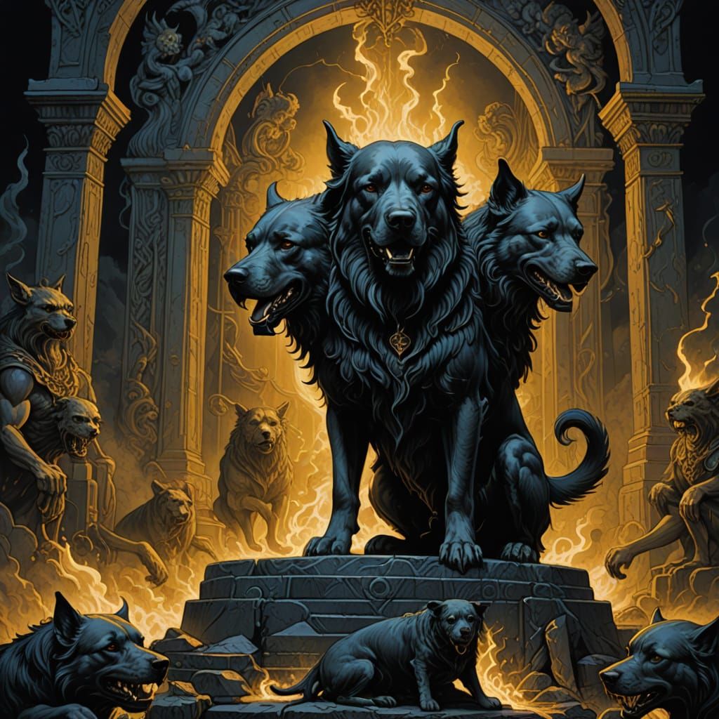 Majestic Cerberus at the Gates of Hades in Baroque Etching S...