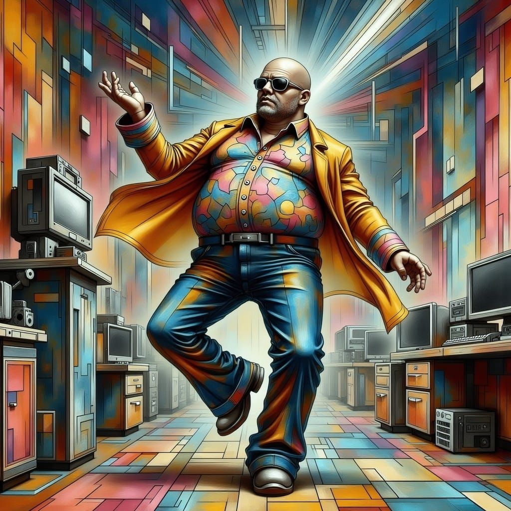 Psychedelic Boss Dancing in Surreal 1960s Office