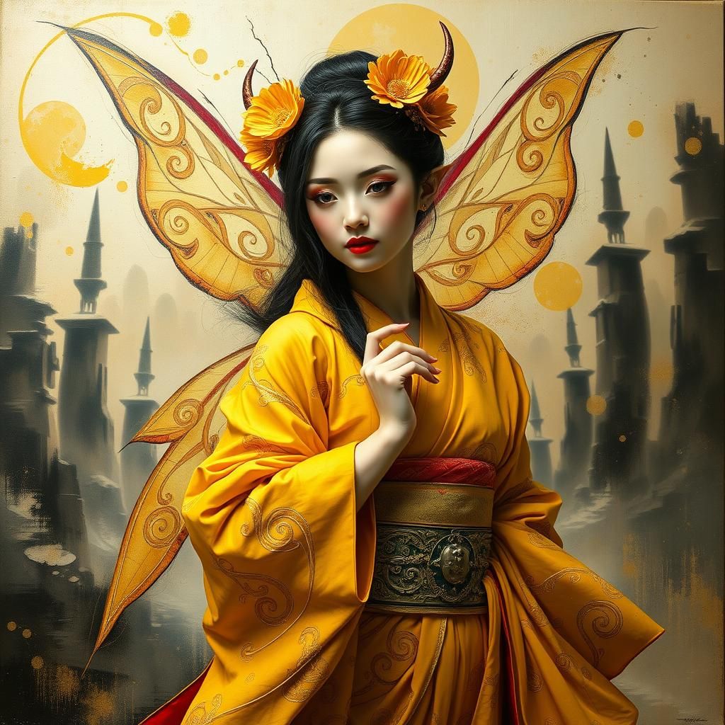 Geisha Fairy Elf in Dystopian Impasto Landscape
