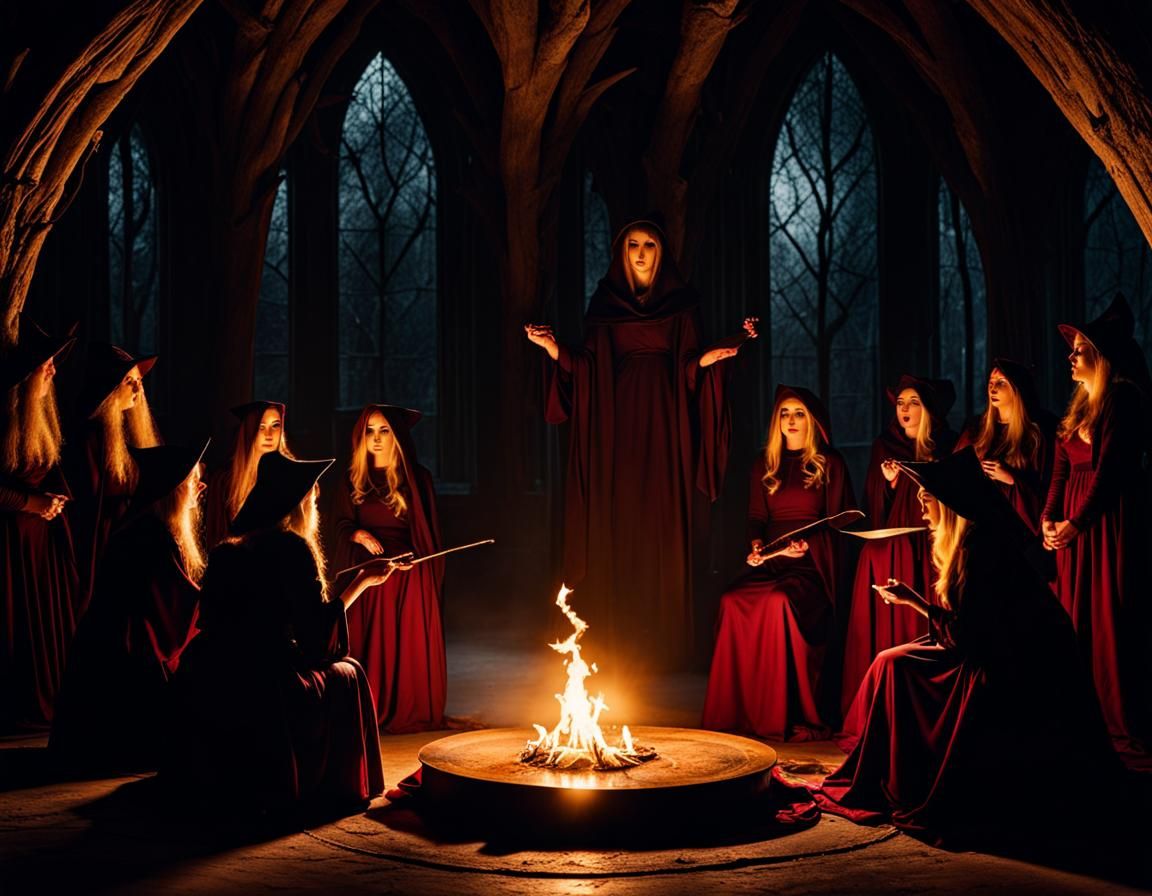Sinister Witches Coven Ritual in Dramatic Lighting