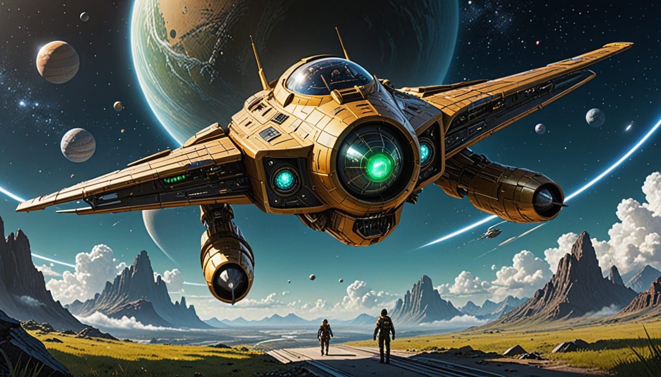 Medievalpunk Starship Near Saturn in Ash Thorp Style