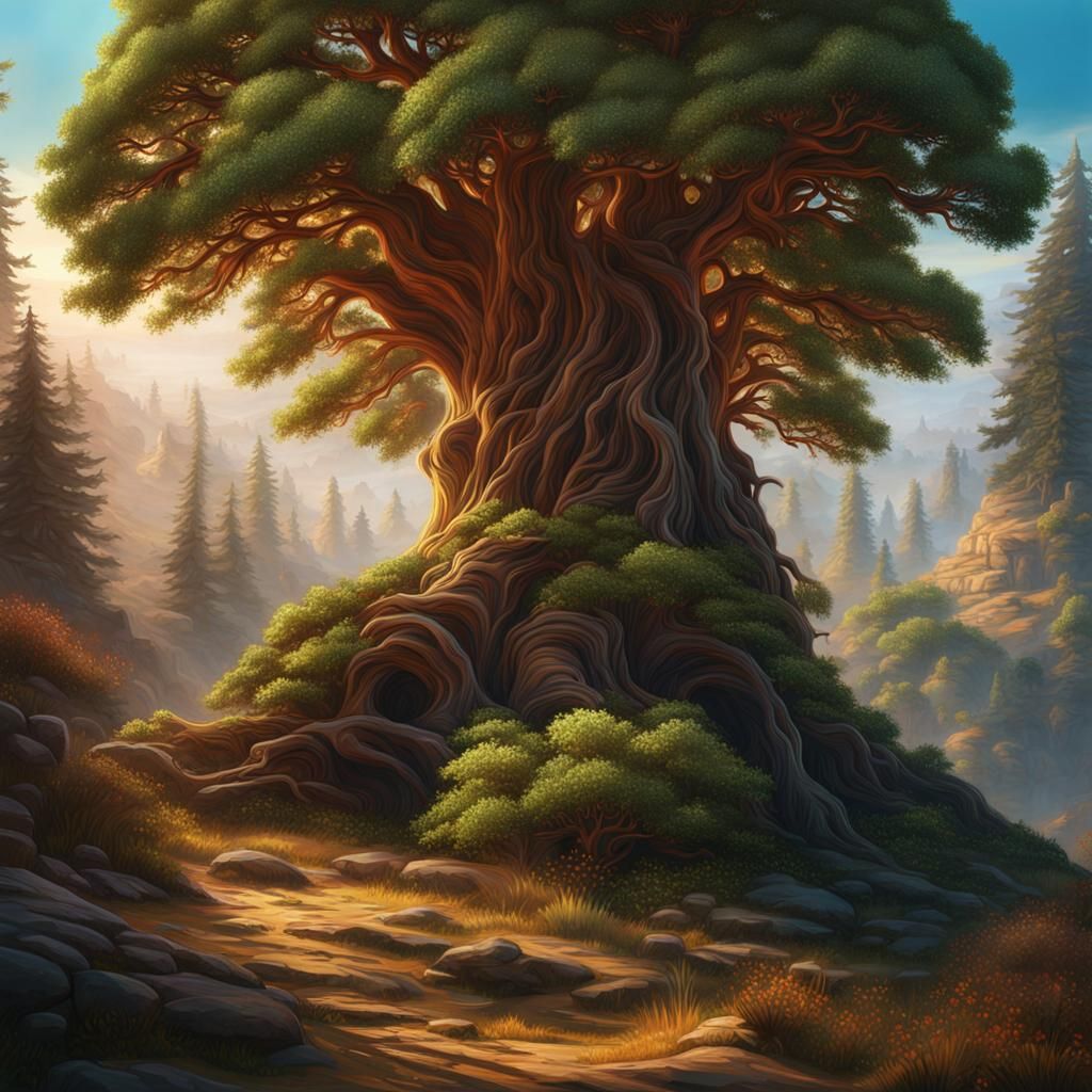 Lebanese Cedar Tree Canvas Painting in Detailed Matte Style