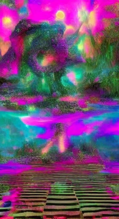 Psychedelic Jungle Nightscape in Vibrant Neon Colors