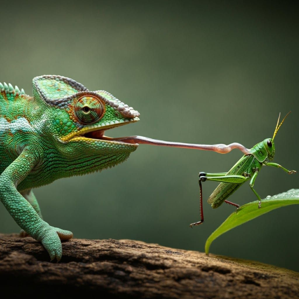Chameleon Captures Grasshopper with Iridescent Tongue