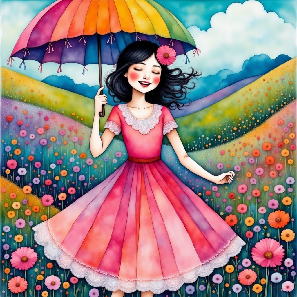 Joyful Girl in Floral Meadow, Alcohol-Ink Illustration