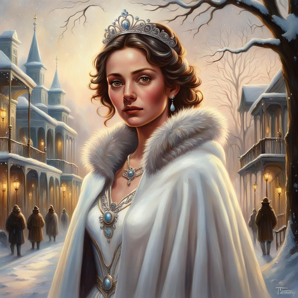 "Portrait of a beautiful, stunning, mysterious snow queen woman in a white cape trimmed with silver and fur, in a tiara,...