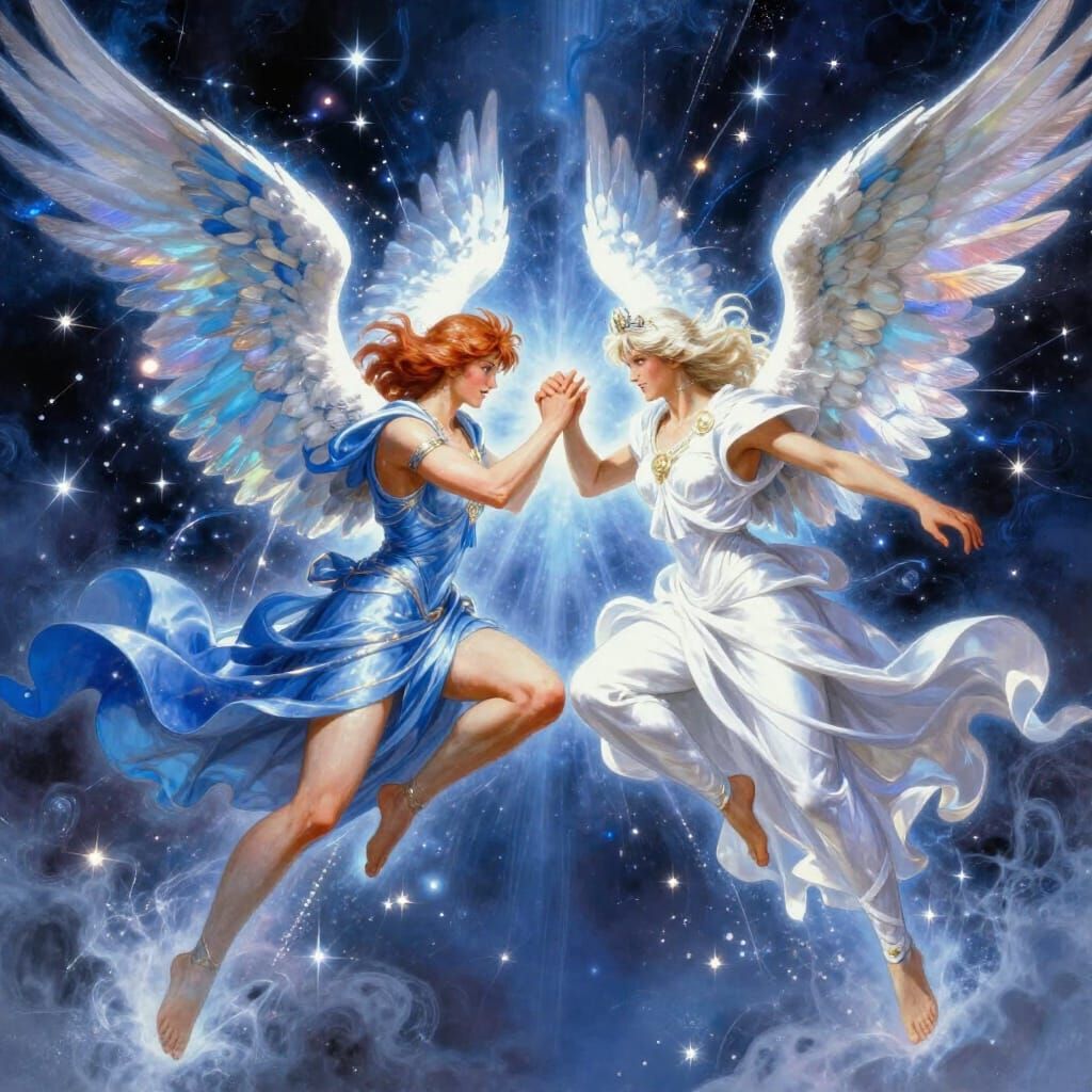 Angels in Fierce Battle Amidst Sparkles and Light