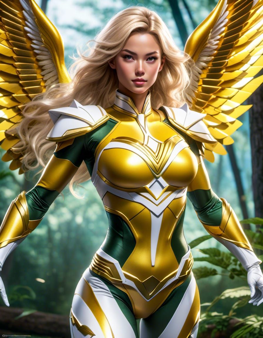 Winged Yellow Power Ranger Flies Through Forest