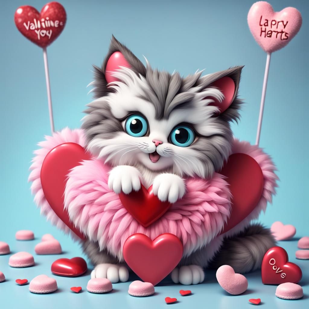 Fluffy Valentine Creature with Heart Eyes in 3D