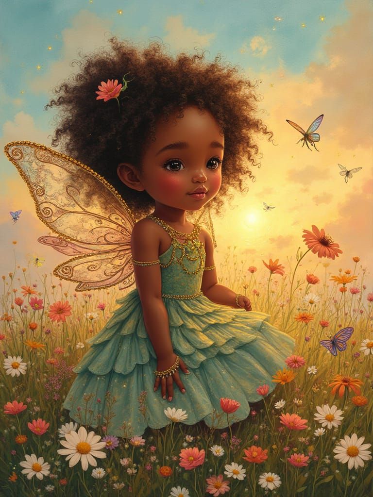 Vibrant African Fairy in Whimsical Watercolor Dreamscapes