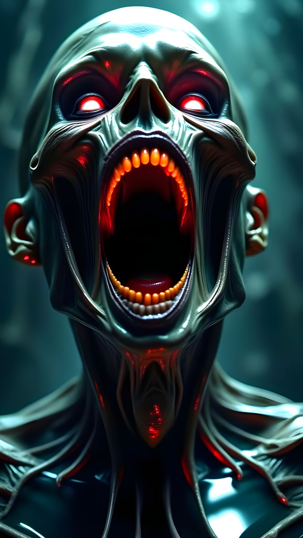 Mysterious Entity Emerging from the Throat in a Dark, Detail...