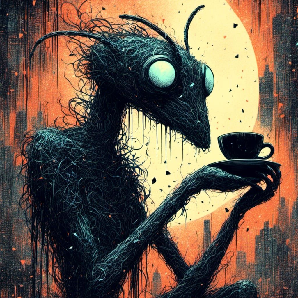 Cyberpunk Mantis Drinks Coffee in Night City
