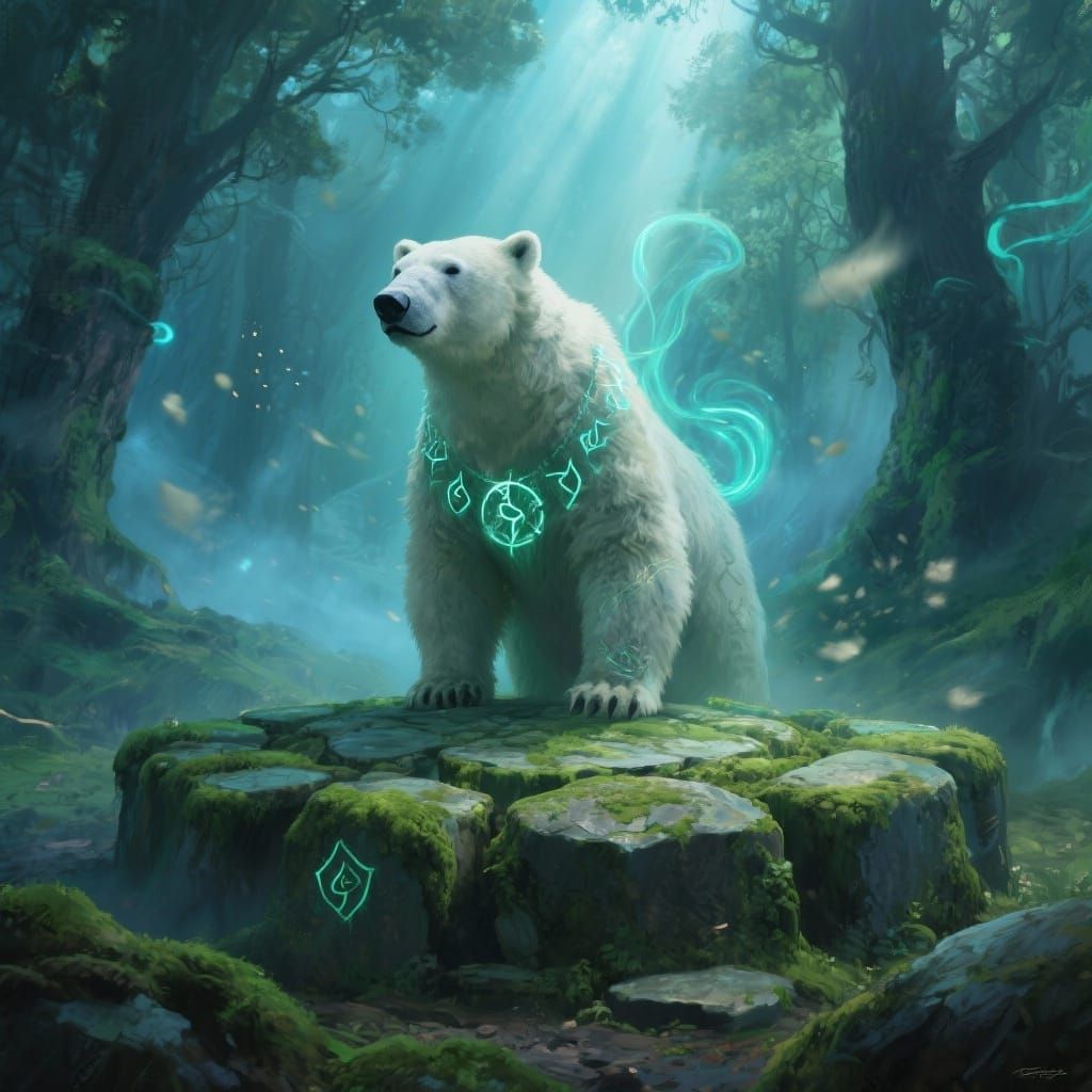 Majestic Polar Bear Guards Enchanted Forest Stone Circle