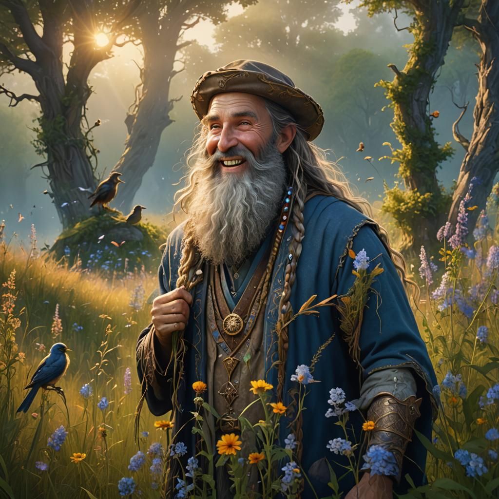 Laughing Wizard in Meadow: Fantasy Concept Art