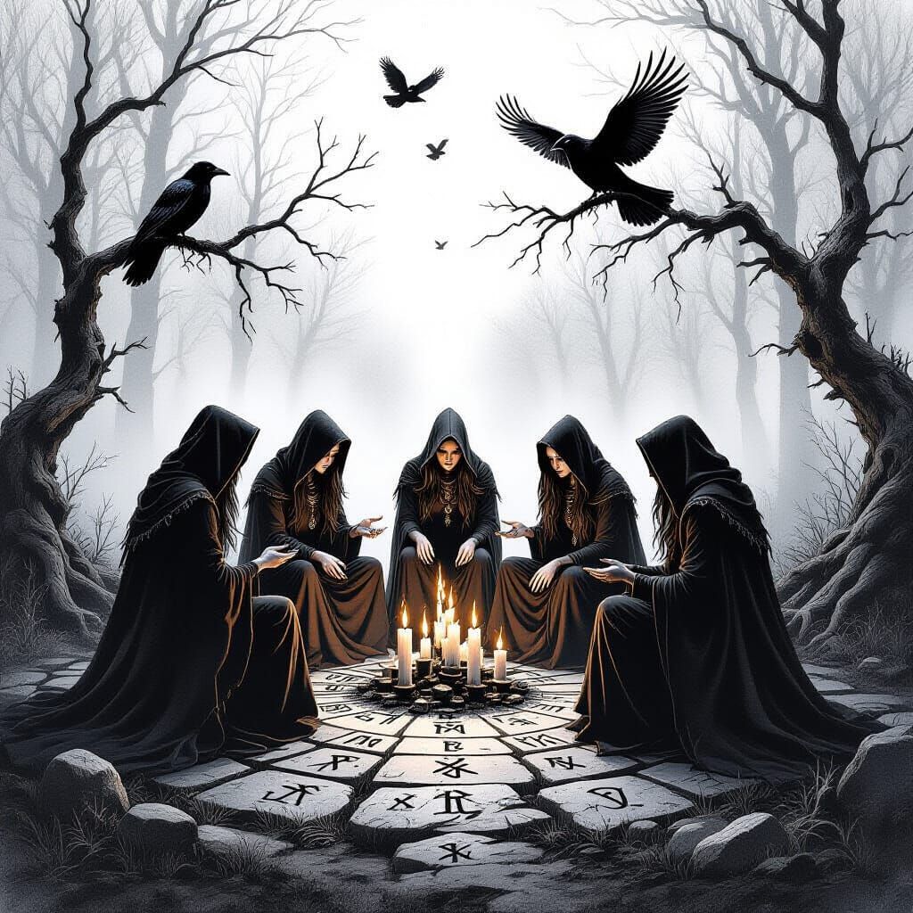 Witches Midnight Ritual in Foggy Forest