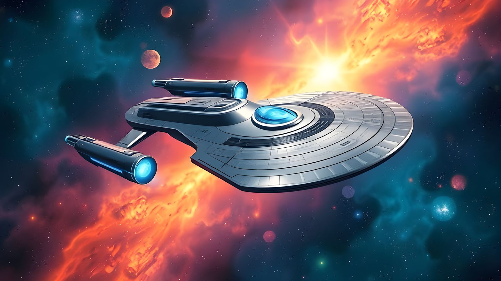 Starship Enterprise Soaring Through Galaxy: Syd Mead Style