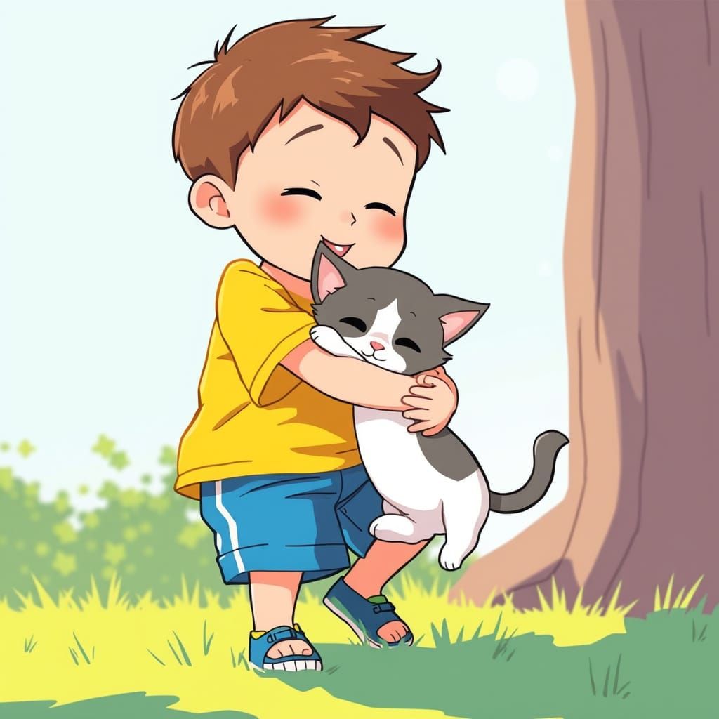 Boy Hugging Kitten in Anime Style
