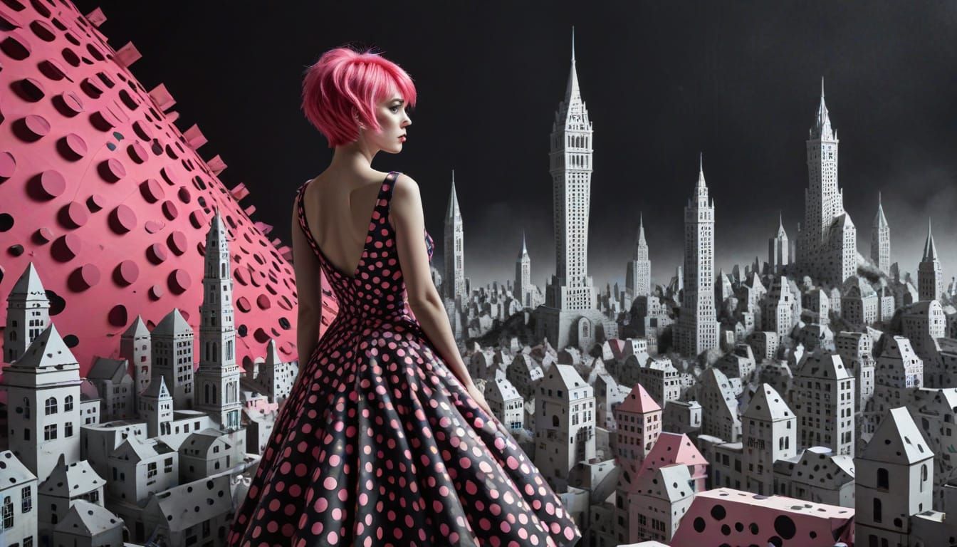 Frustrated Woman in Polka Dot Cityscape Dream
