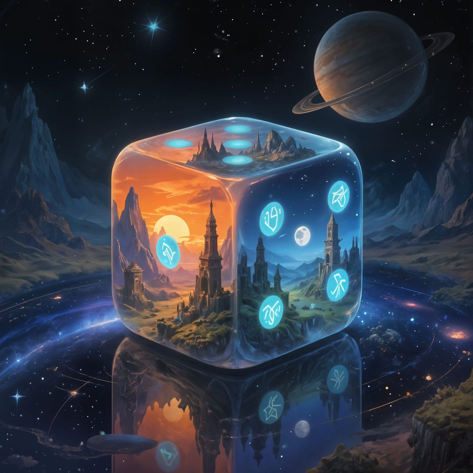 Cosmic Die with Miniature Worlds, Surreal Digital Painting