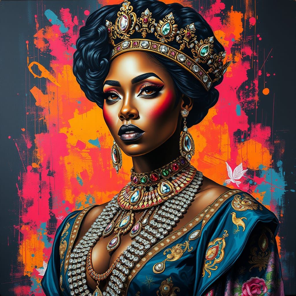 Elegant Bejeweled Black Woman in Graffiti Art Style