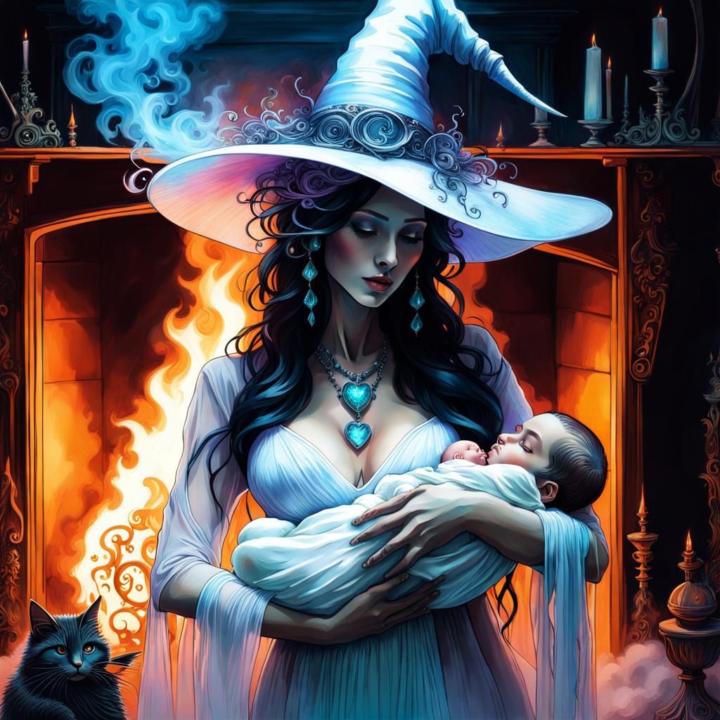 Loving Witch Mother and Goth Baby in Ethereal Ballroom