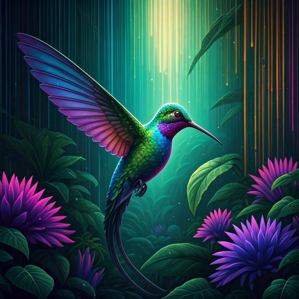 Alien Demon Soars through Neon Jungle with Hummingbird Wings