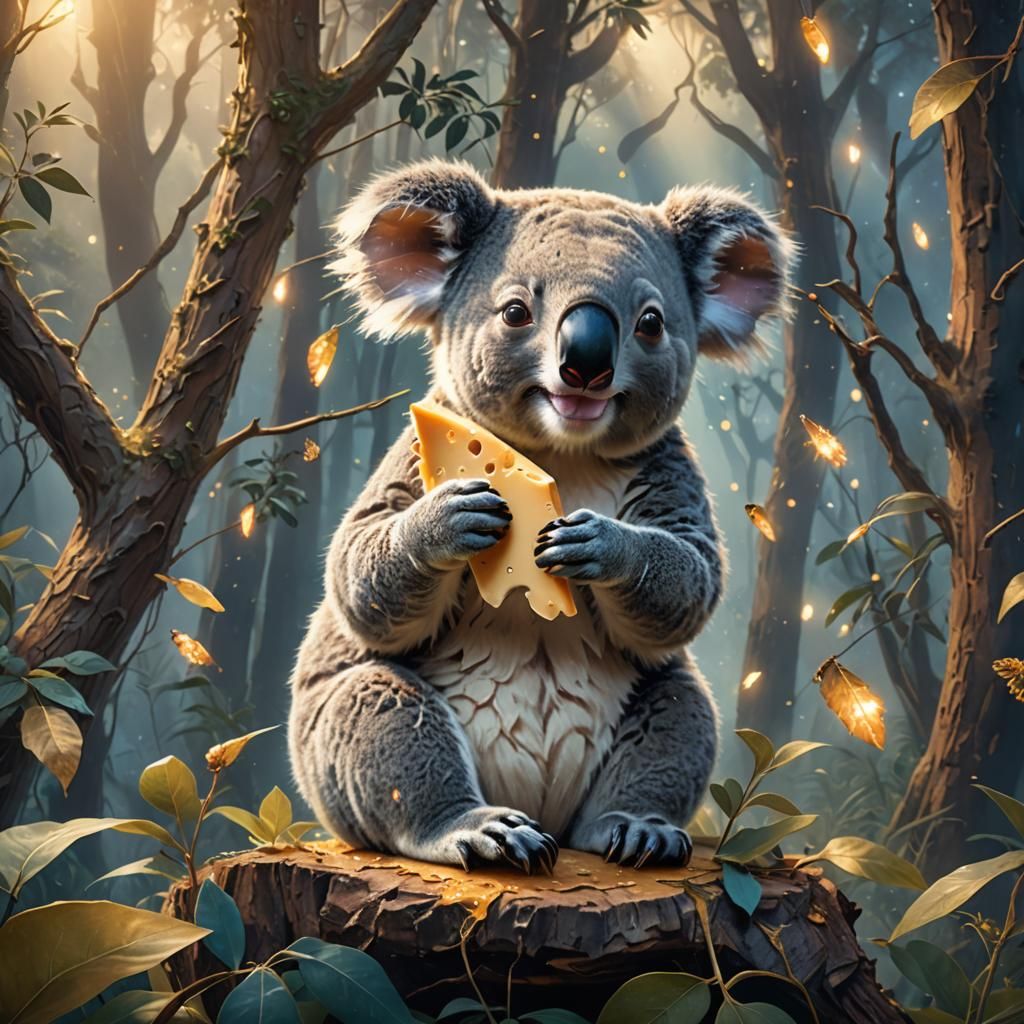 Koala with Cheese in Whimsical Forest