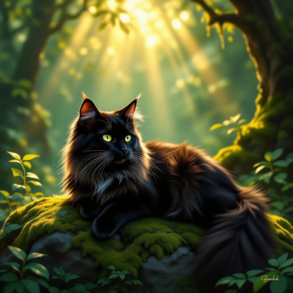 Black Cat with Golden Fur on Mossy Rock in Dappled Sunlight