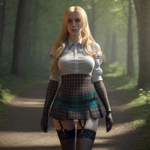 Blonde Woman in Tartan Skirt on Forest Path