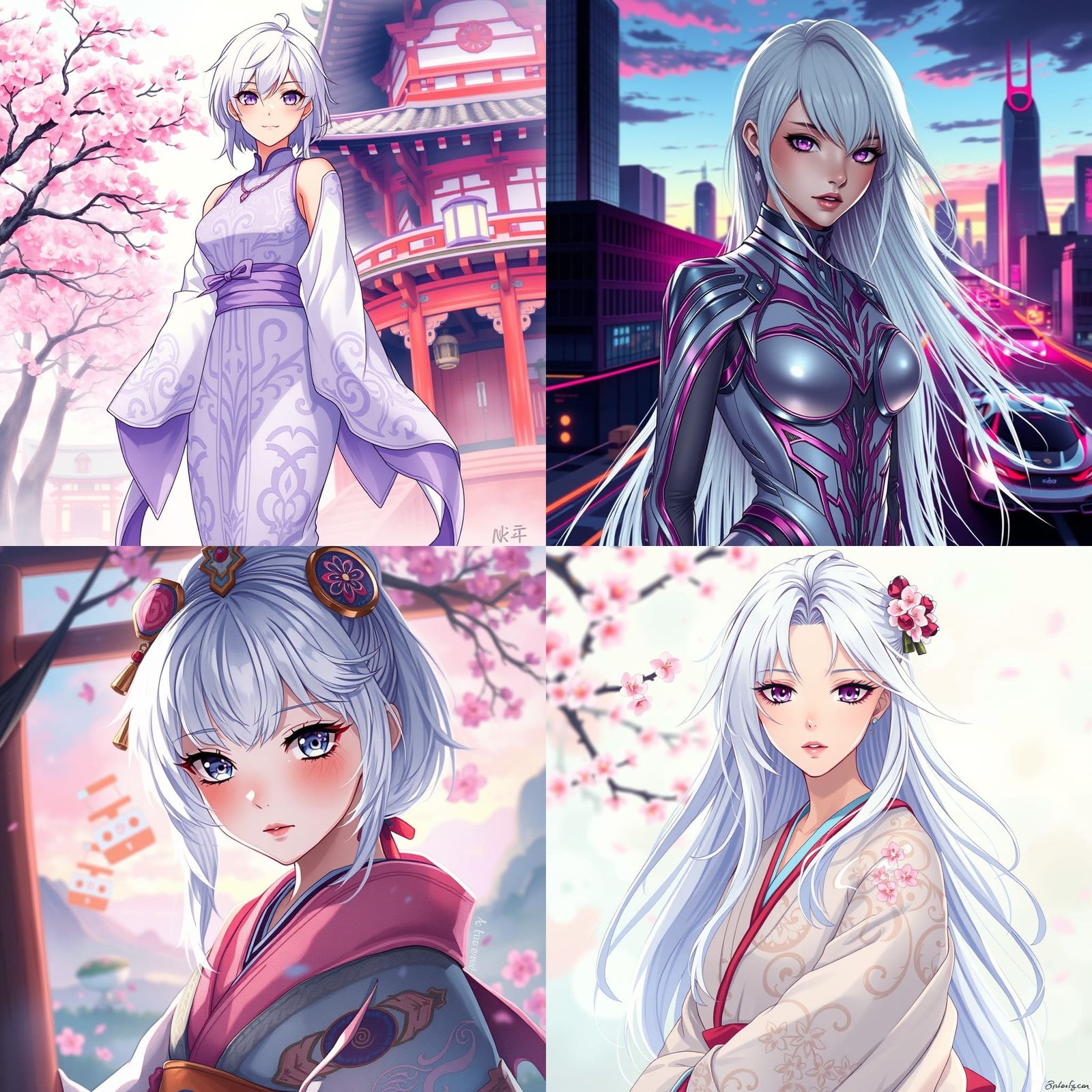Anime Style Women with White Hair and Purple Eyes