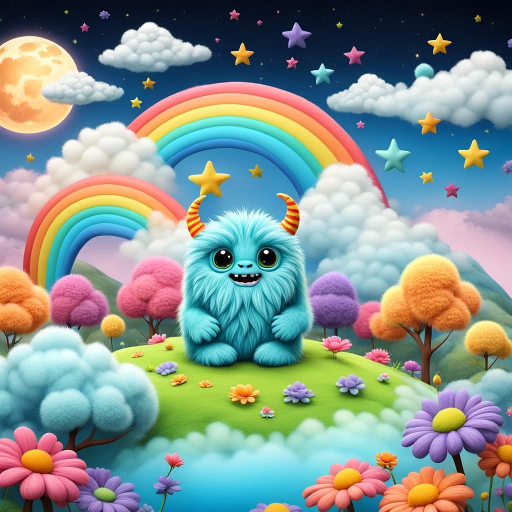 Cute Fluffy Monster on Floral Hill: 3D Render