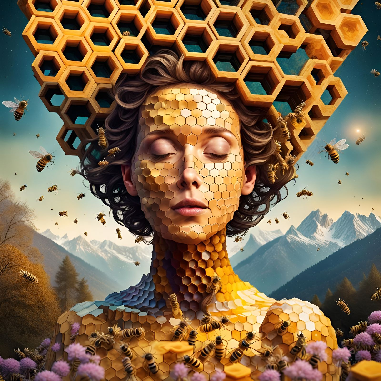 Honeycomb Humanoid Meditating with Bee Vortex in Afremov Hue...
